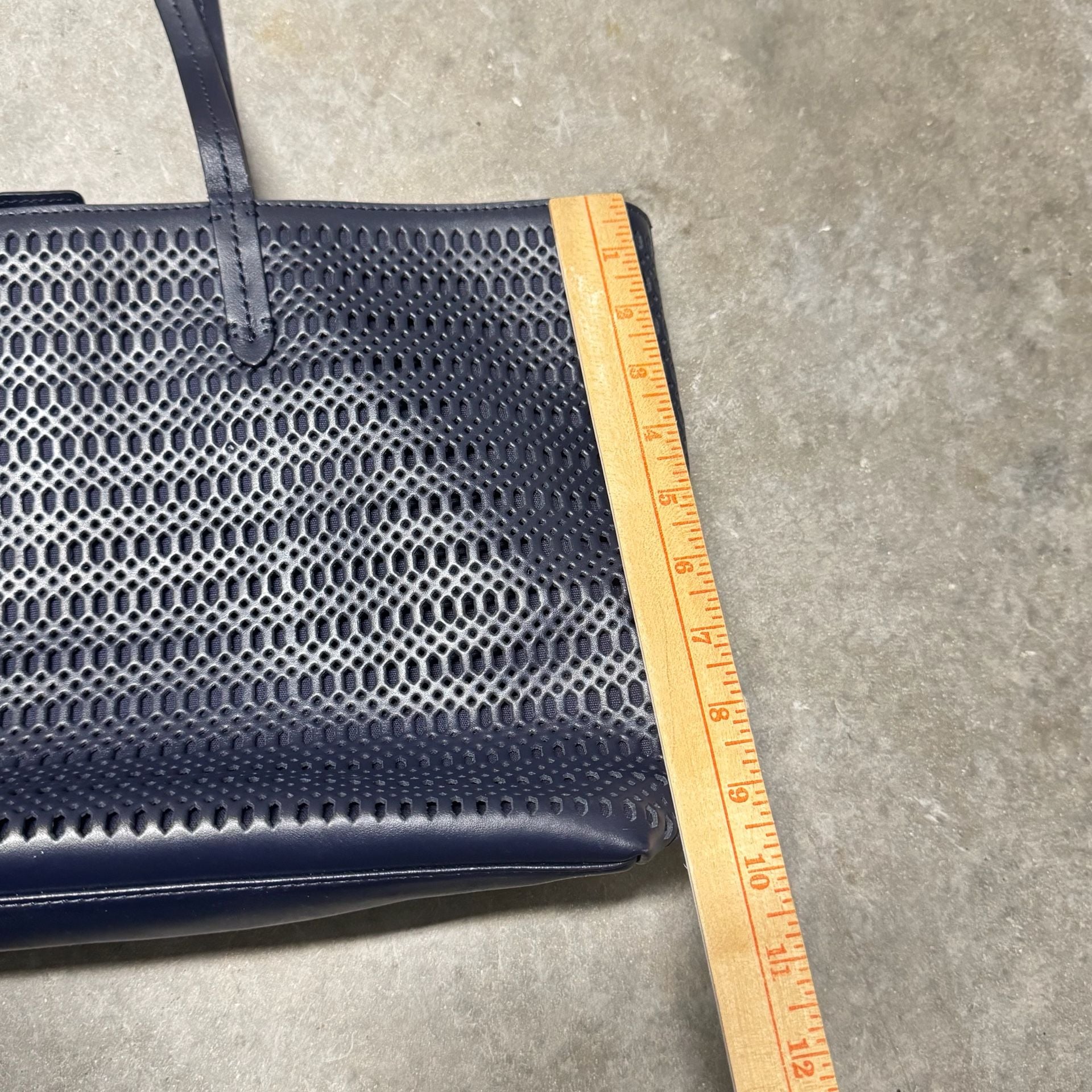 Brooks Brothers Navy Blue Laser Cut Perforated Leather Tote Bag 8