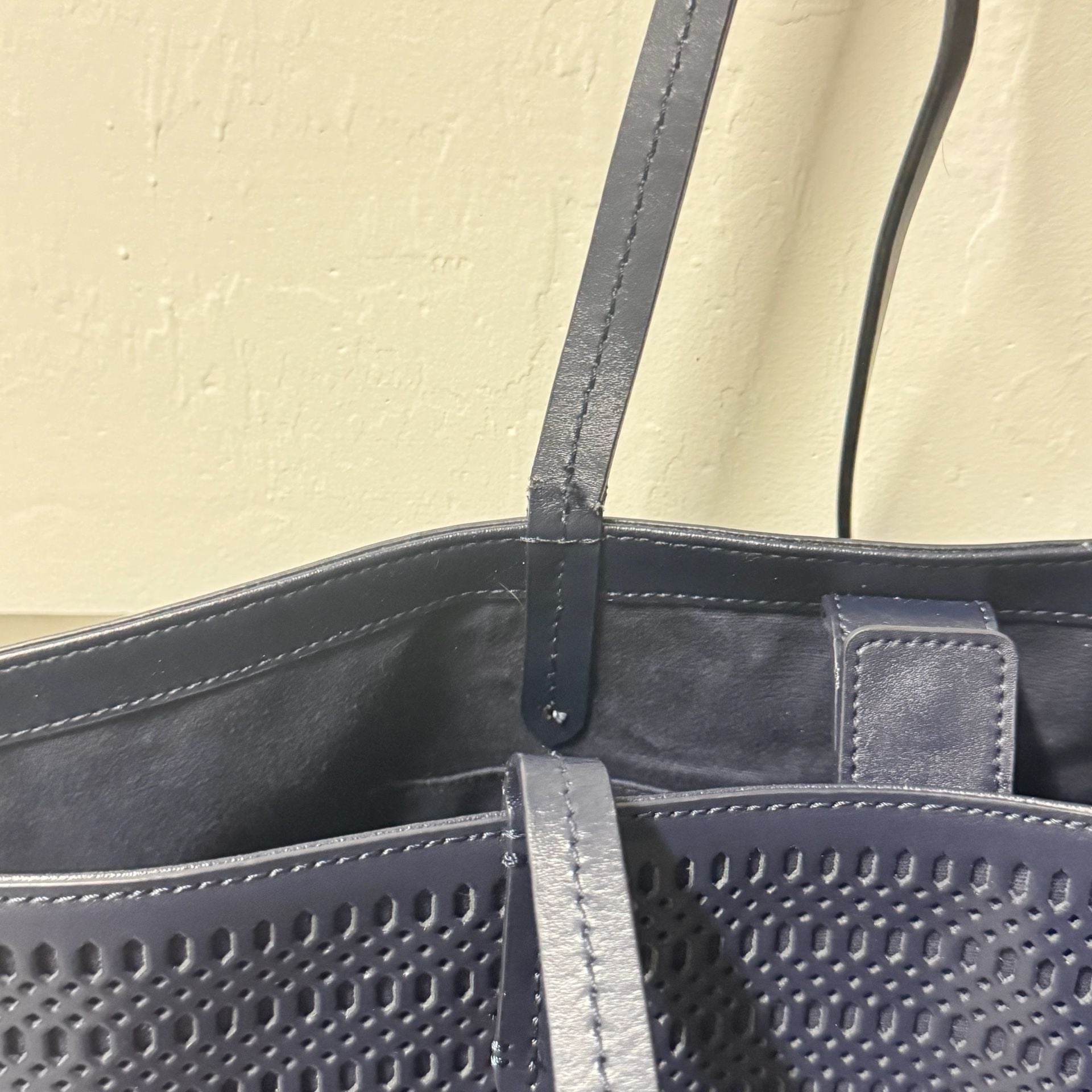 Brooks Brothers Navy Blue Laser Cut Perforated Leather Tote Bag 9