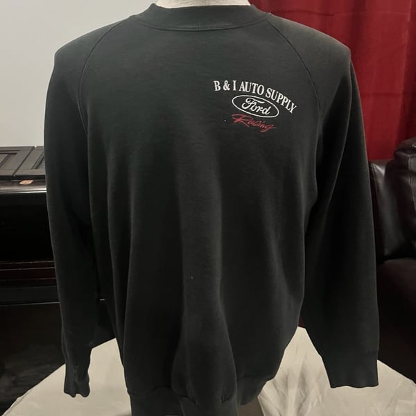 Vintage Ford Racing B & I Auto Supply Black Raglan Crewneck Sweatshirt, has some stains but still in good condition 