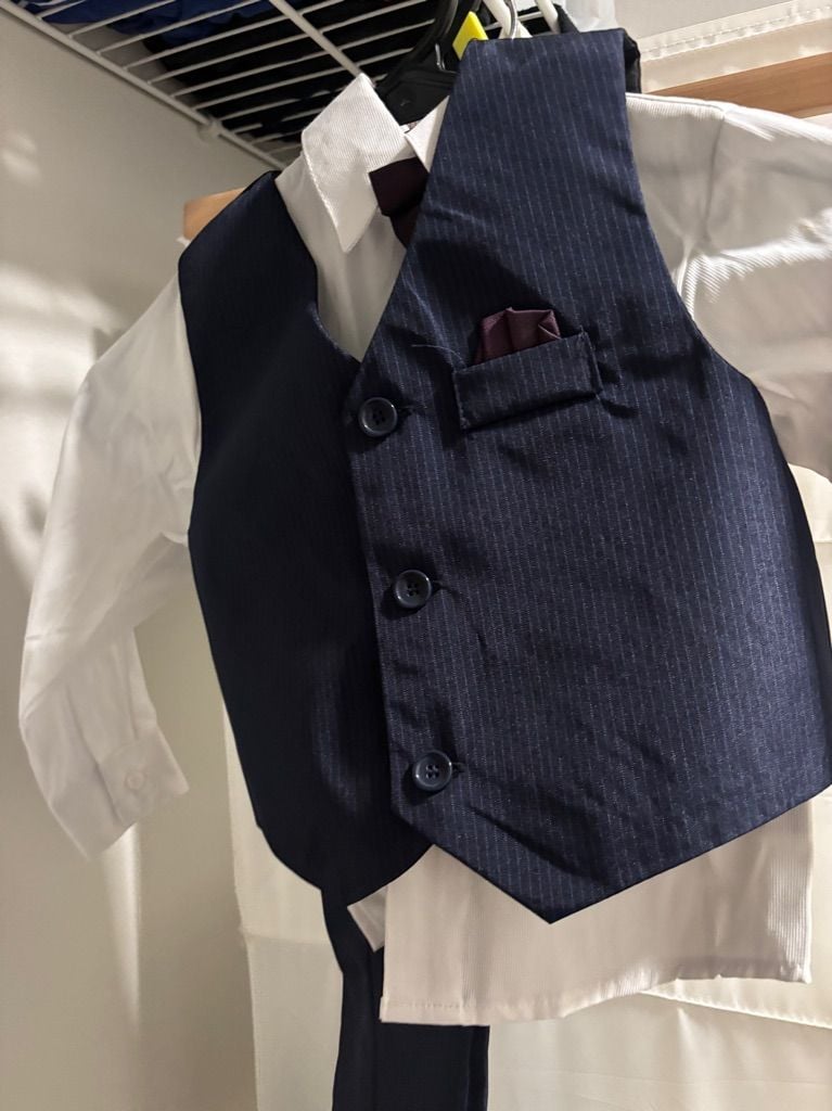 Boys Navy Pinstripe Vest, White Dress Shirt, and Burgundy Bow Tie 4-Piece Suit Set 1