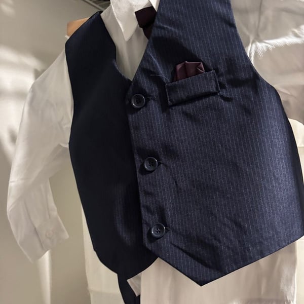 Boys Navy Pinstripe Vest, White Dress Shirt, and Burgundy Bow Tie 4-Piece Suit Set