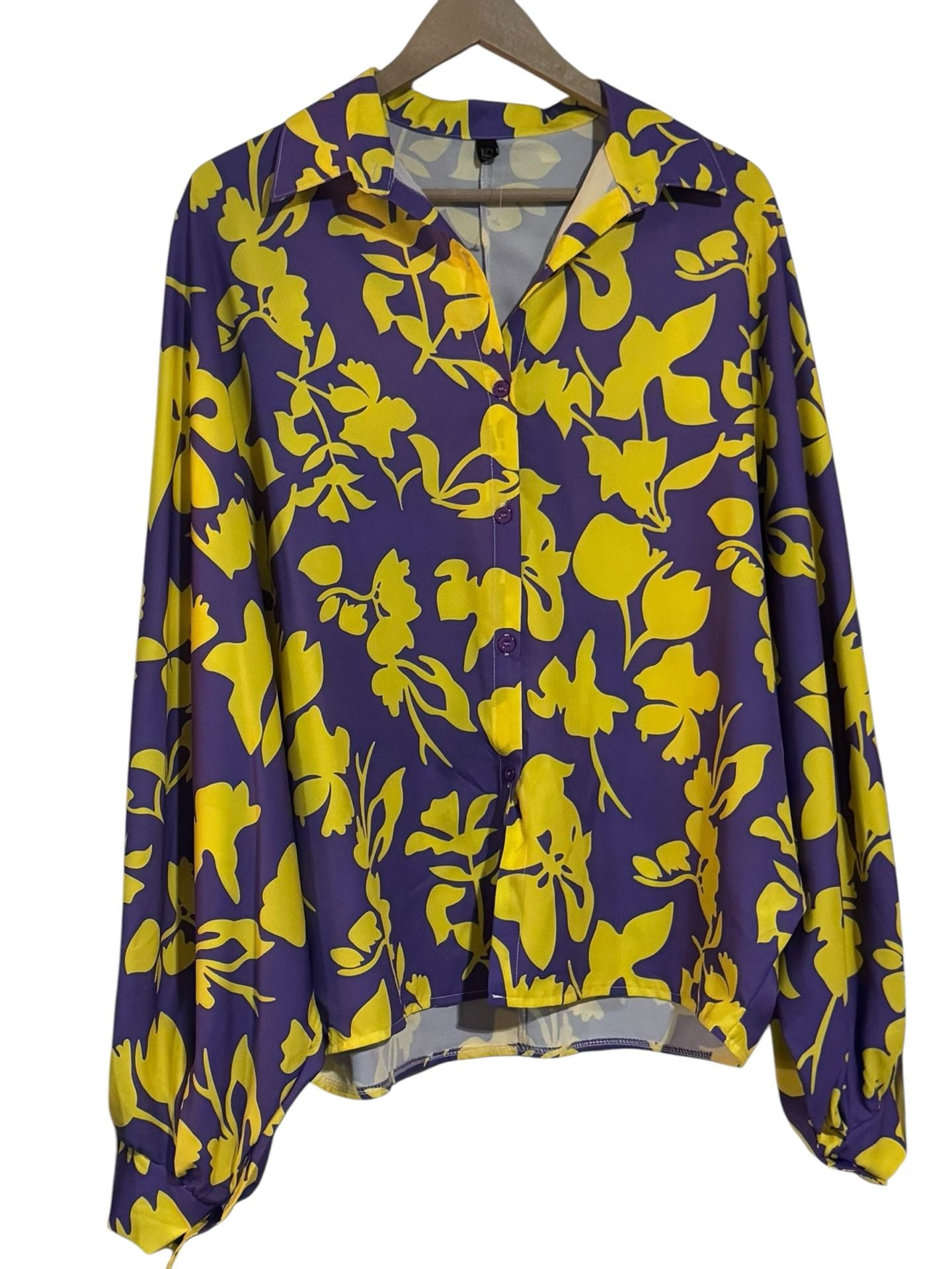 PQ Purple and Yellow Floral Button Down Batwing Sleeve Blouse Size S 2