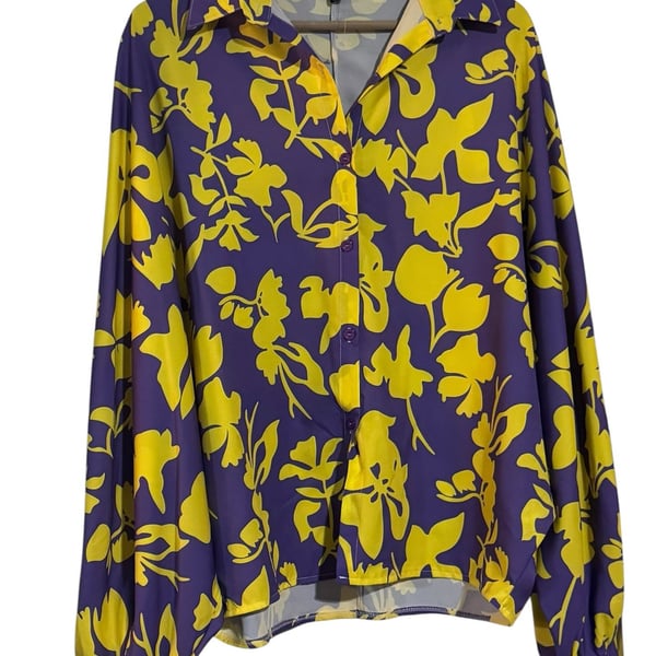 PQ Purple and Yellow Floral Button Down Batwing Sleeve Blouse Size S
