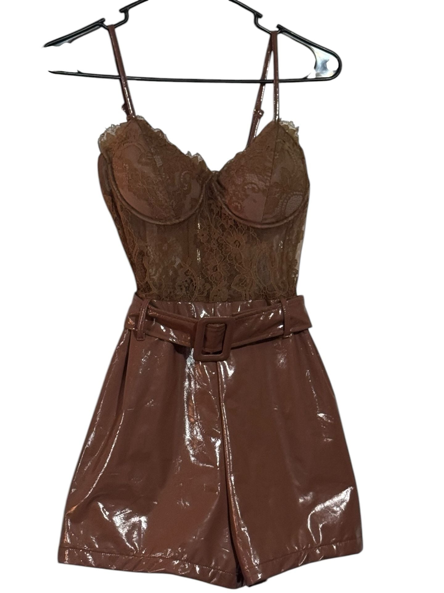 SHOP17 Brown Lace Corset Vinyl Romper with Belt Size S 1