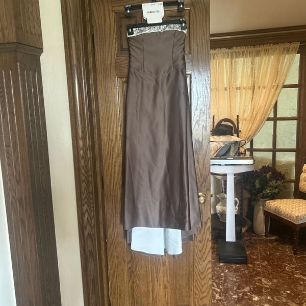 Alfred Angelo Strapless Brown Formal Gown with Embroidered Trim