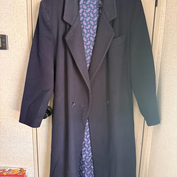 Ashley Scott Vintage 100% Wool Long Double Breasted Overcoat with Paisley Lining