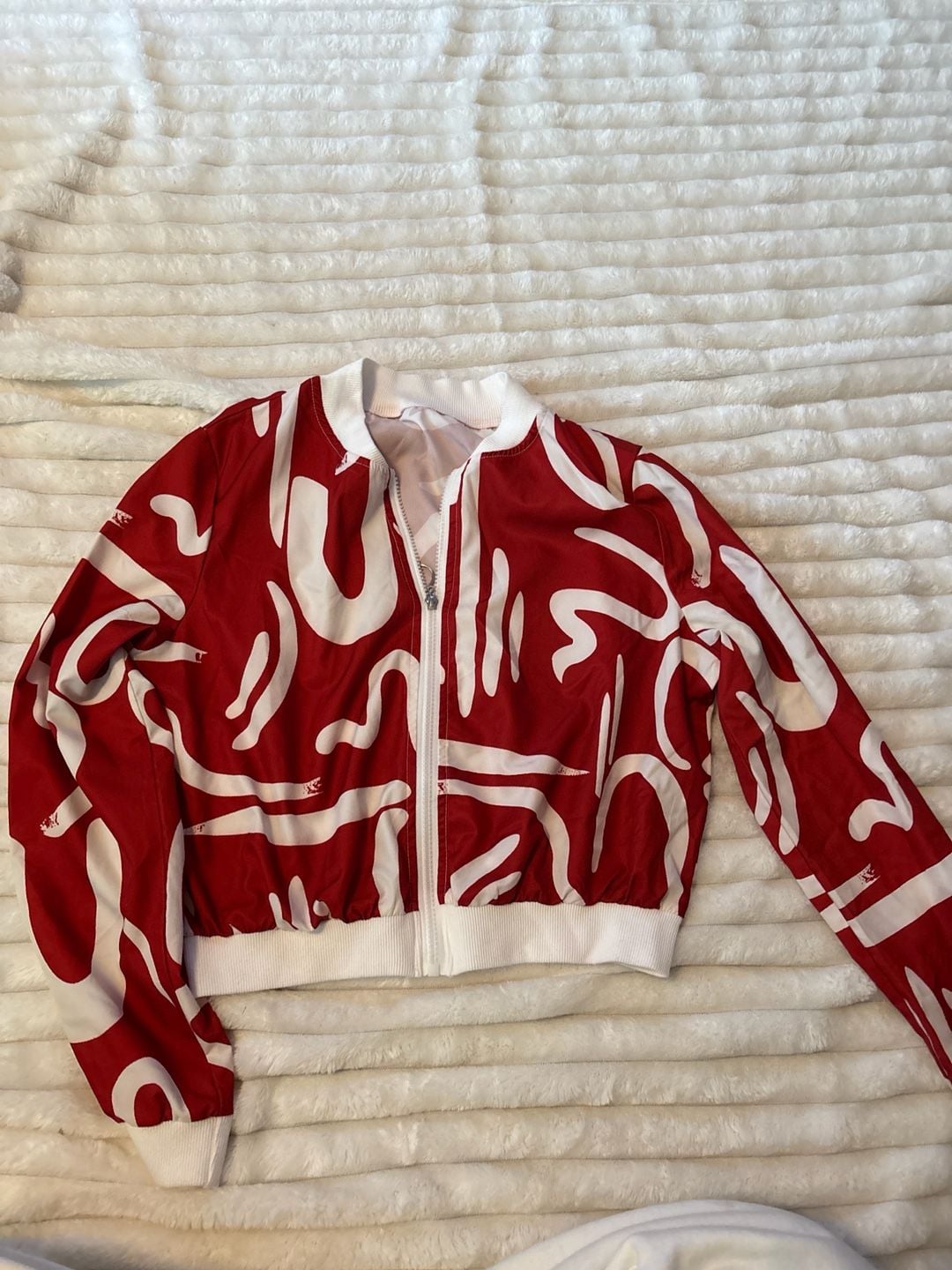 SHEIN Red and White Abstract Graphic Print Bomber Jacket Size S 2