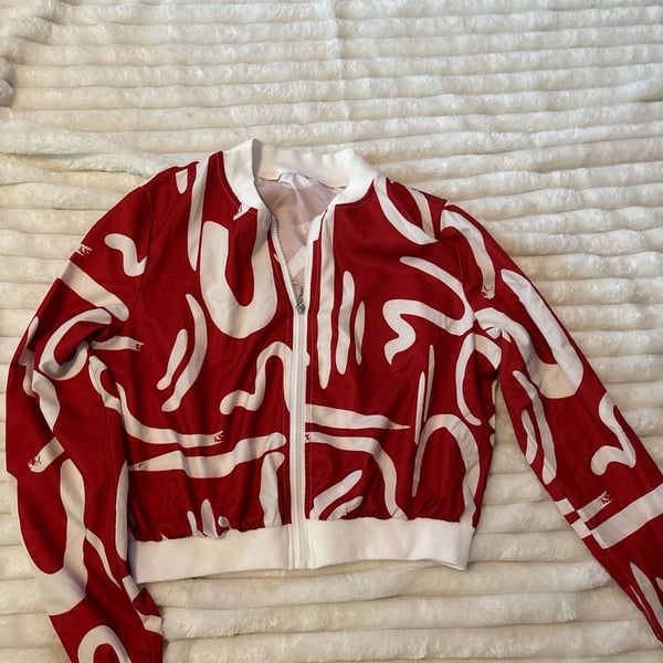 SHEIN Red and White Abstract Graphic Print Bomber Jacket Size S
