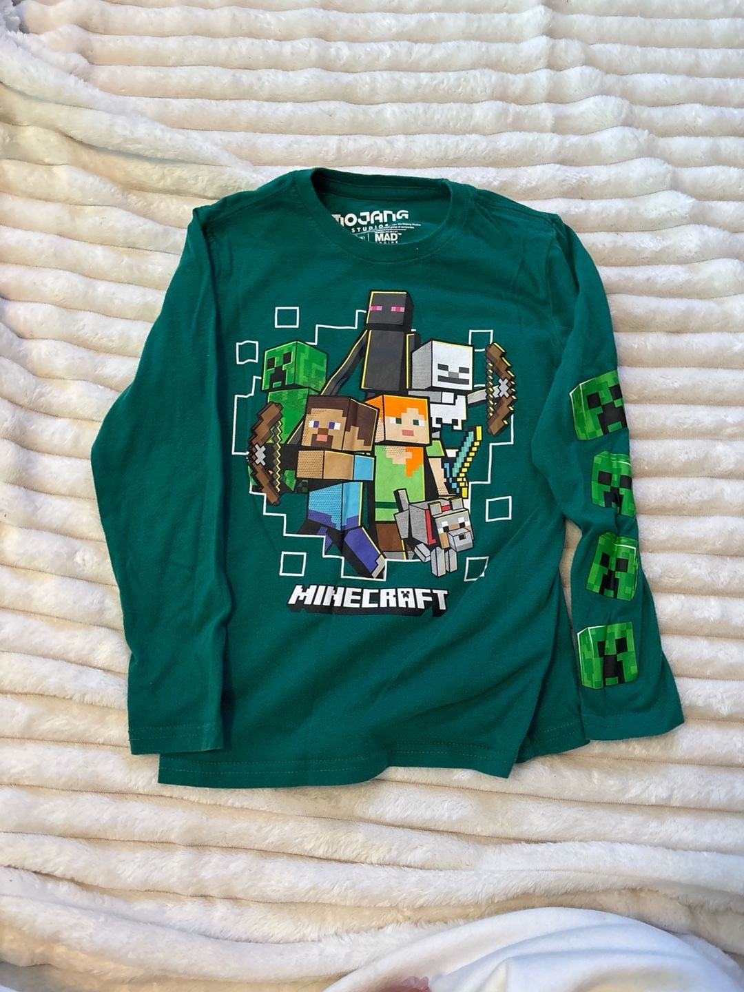 Minecraft Boys Green Long Sleeve Graphic T-Shirt Creeper Sleeve Size S (6/7) 2