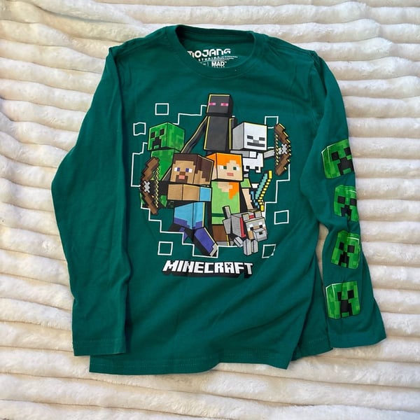Minecraft Boys Green Long Sleeve Graphic T-Shirt Creeper Sleeve Size S (6/7)