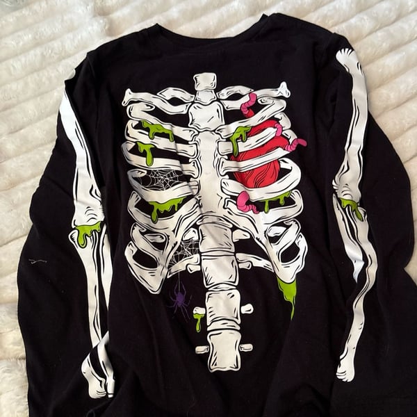 Halloween Youth Long Sleeve T Shirt Black Bones Ribs Skeleton Guts Size XXL 18
