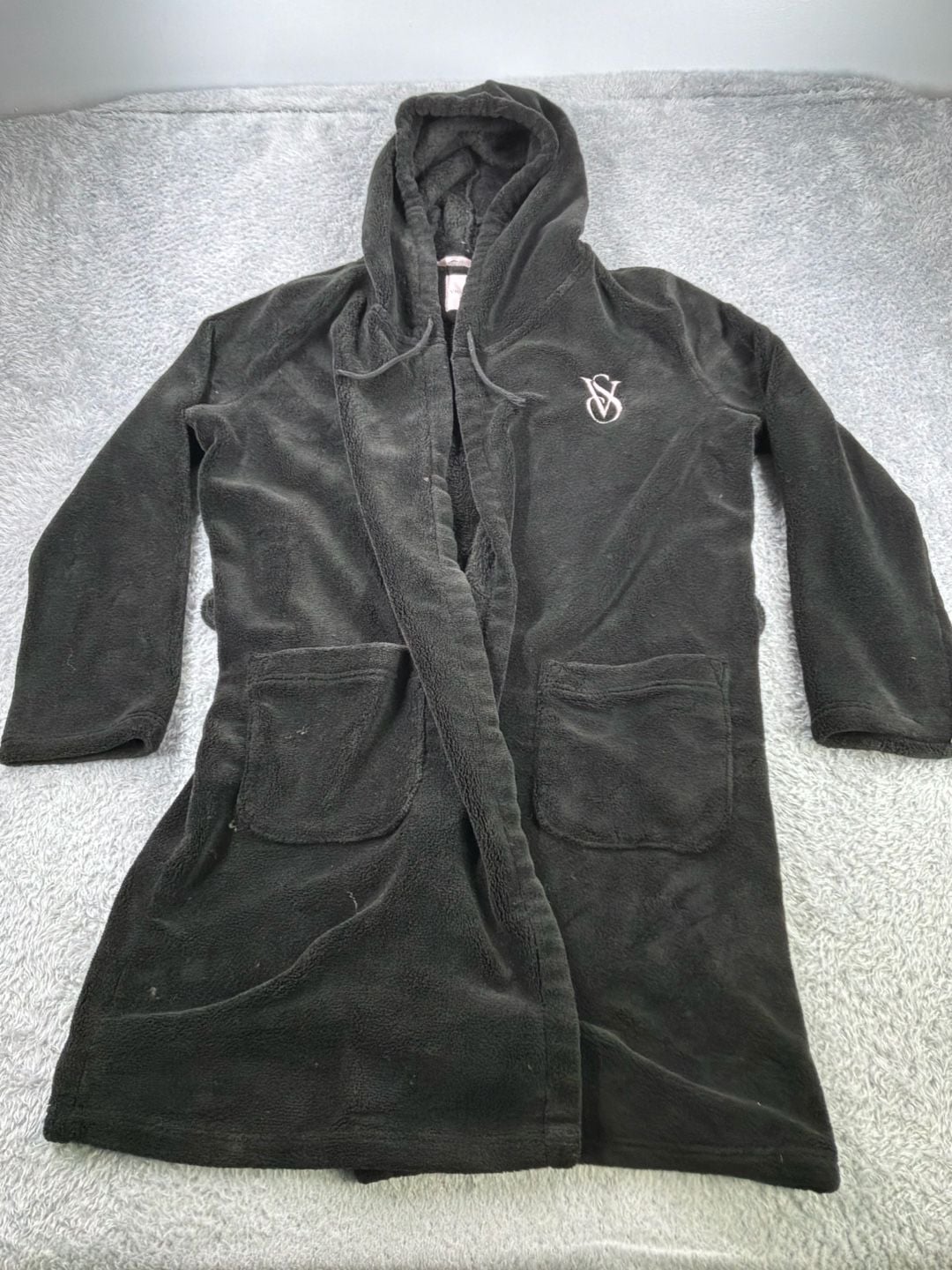Victoria's Secret Black Plush Hooded Robe Size S/P 2