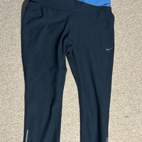 Nike Running Dri Fit Relay Capri Leggings Black Blue Waistband Small Women
