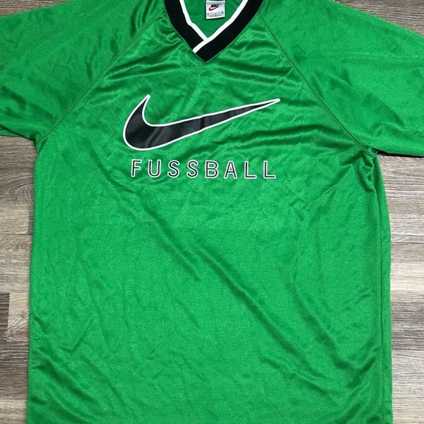 Vintage 90s Nike Fussball Big Swoosh Soccer Jersey Green Size Large Made in USA