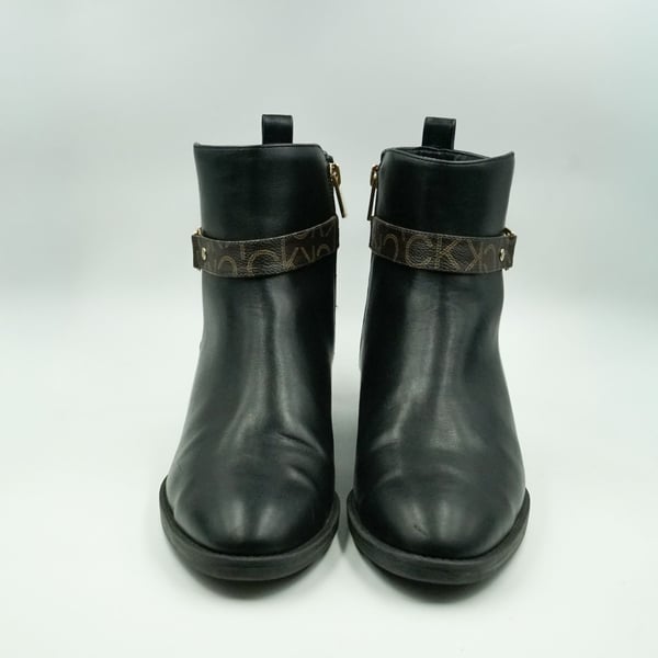 Calvin Klein Dhara Black Ankle Boots with Monogram Logo Strap Size 8.5M