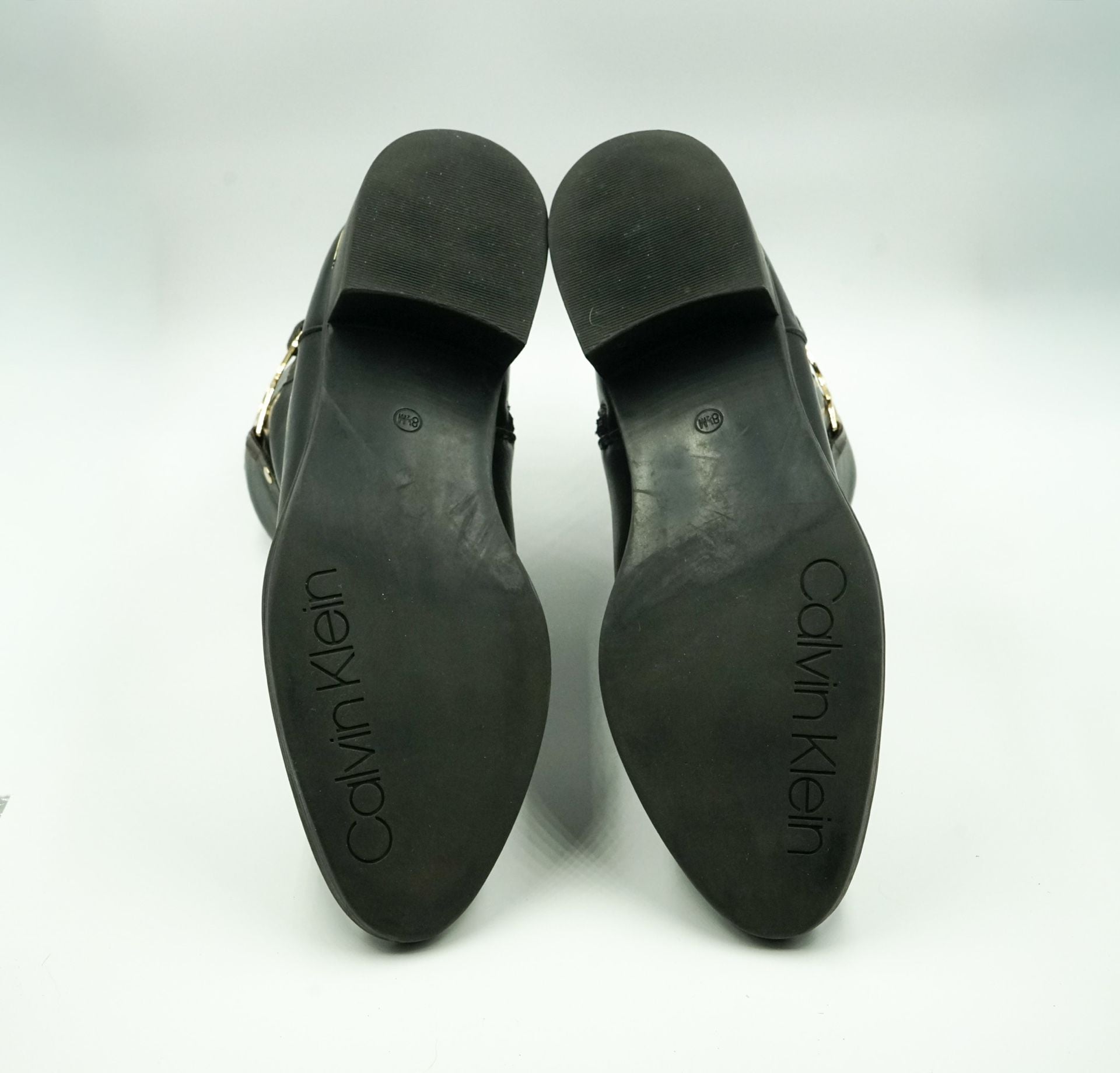 Calvin Klein Dhara Black Ankle Boots with Monogram Logo Strap Size 8.5M 8