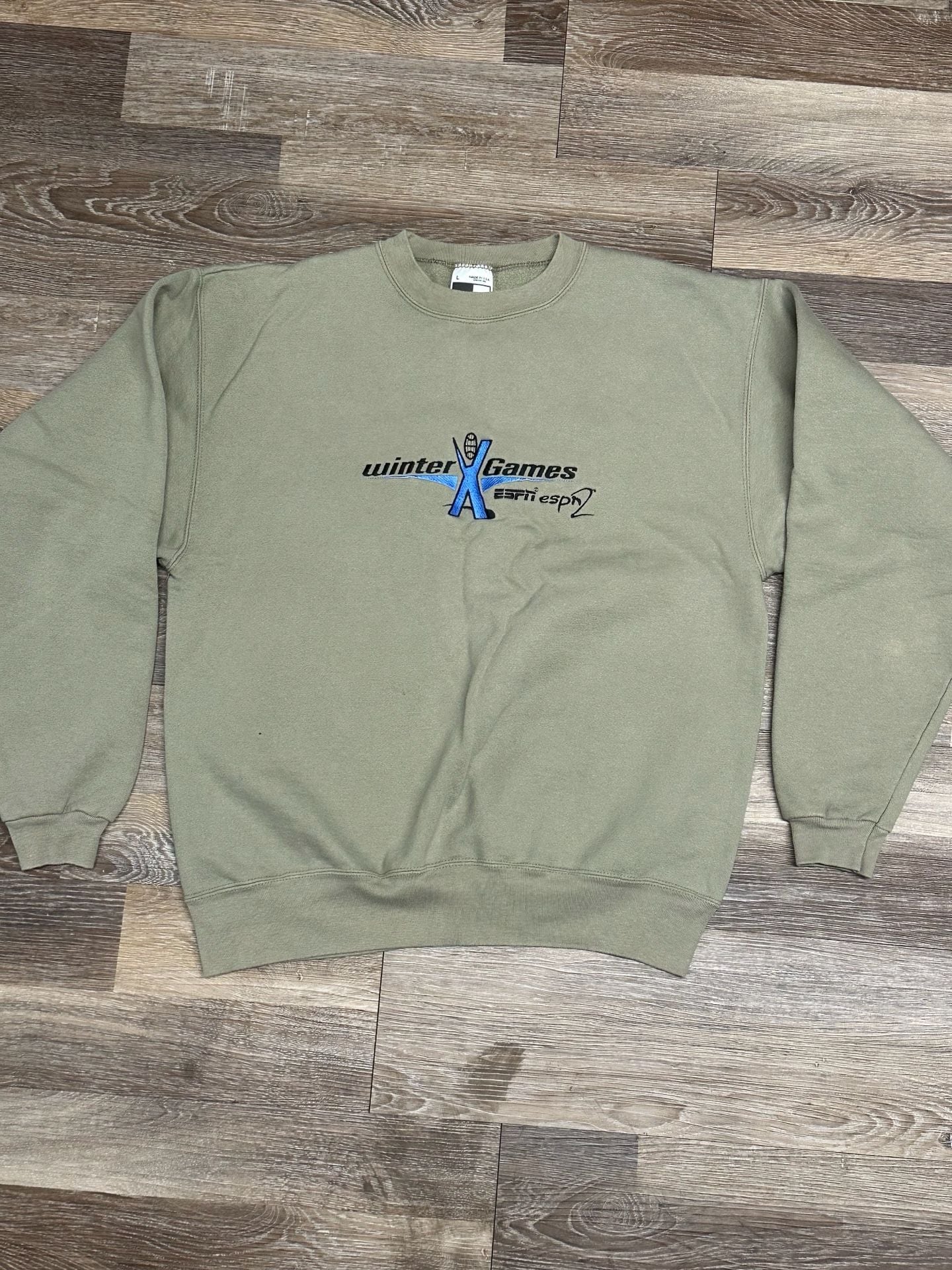 Vintage BASICSS Winter X Games ESPN Crewneck Sweatshirt Size L Sage Green 2