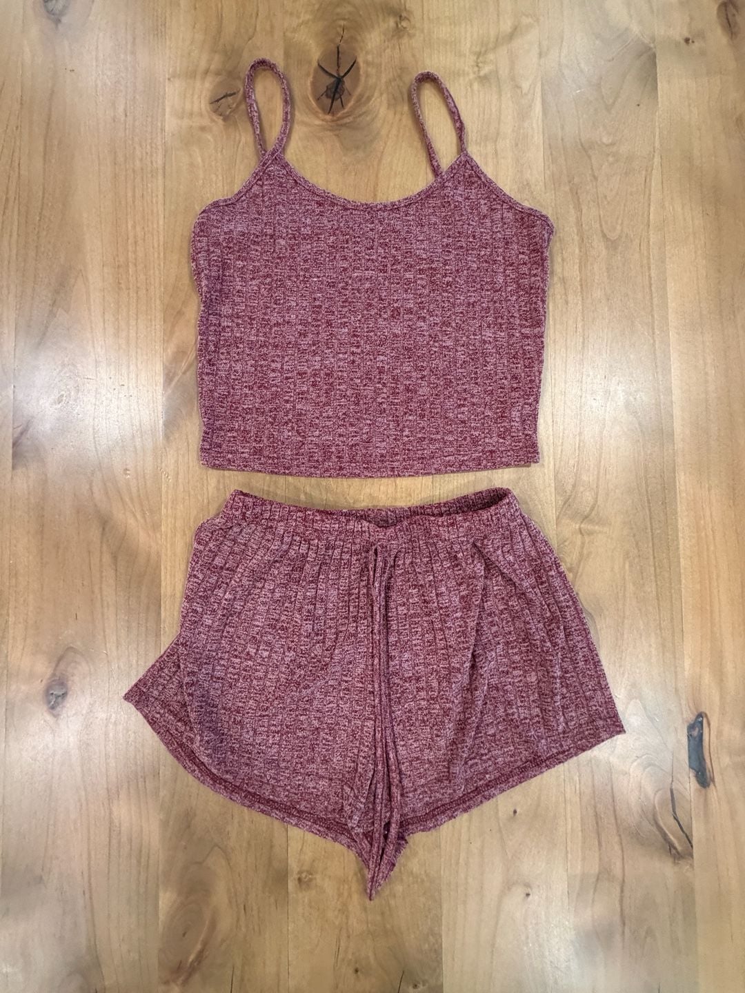 Burgundy Marled Ribbed Knit Cami and Shorts 2-Piece Lounge Set 1