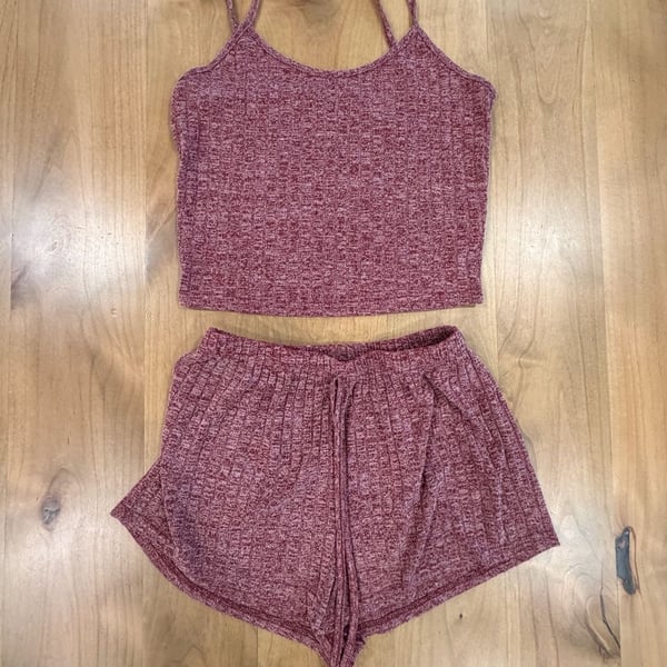 Burgundy Marled Ribbed Knit Cami and Shorts 2-Piece Lounge Set