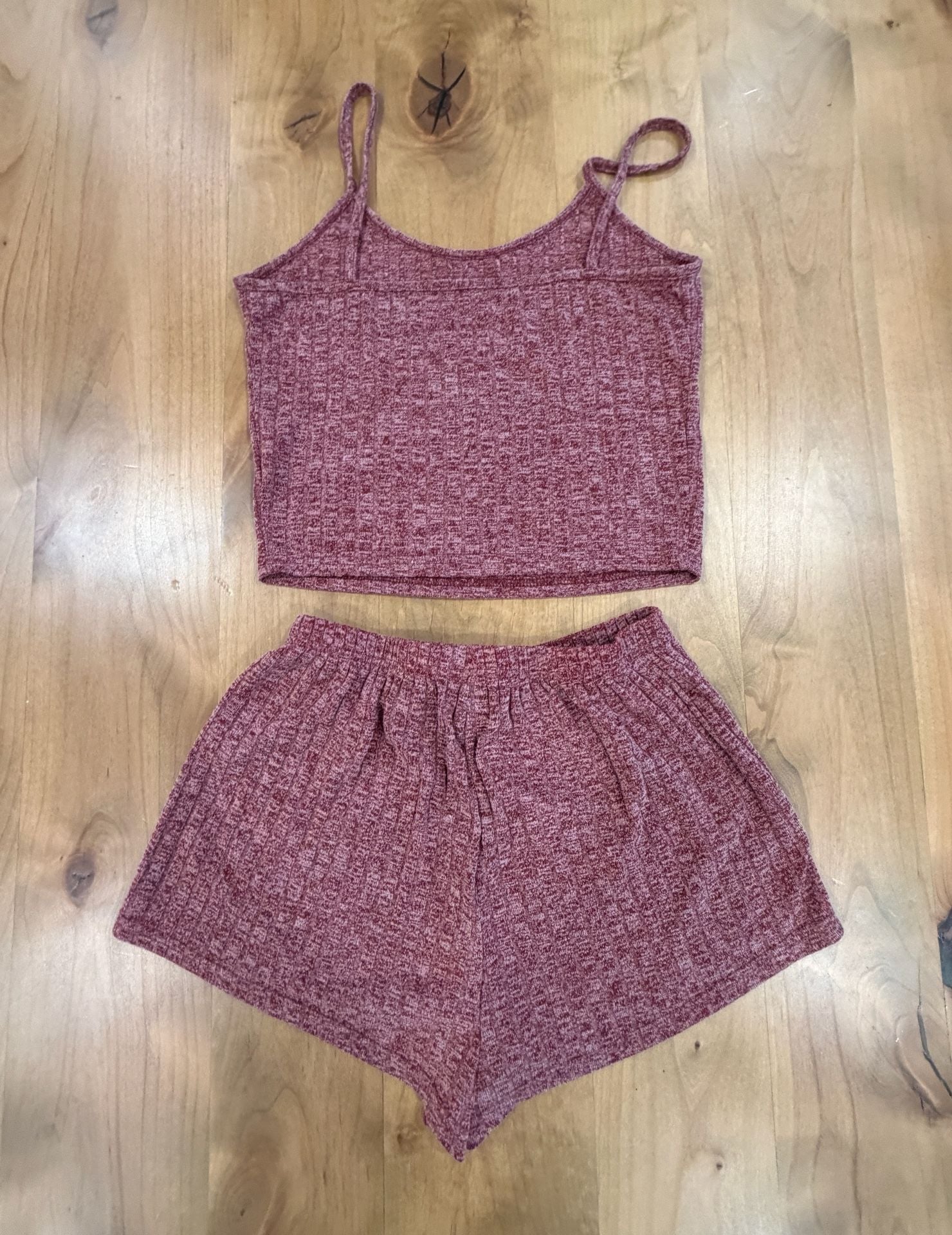 Burgundy Marled Ribbed Knit Cami and Shorts 2-Piece Lounge Set 3