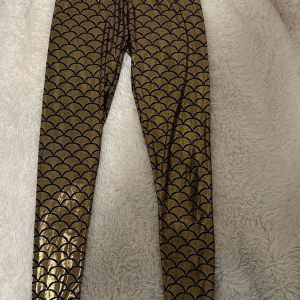 iHeartRaves Gold Mermaid Scale Leggings, Size Medium