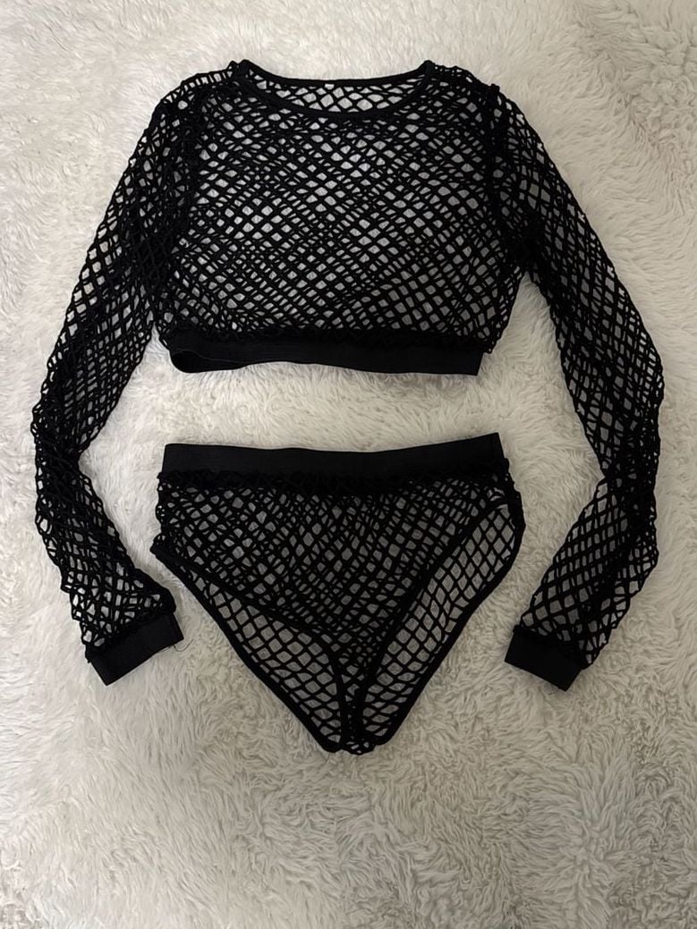 Fishnet Long Sleeved Crop Top & Matching High Waisted Bottoms 1