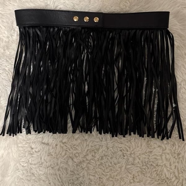 Black Faux Leather Fringe Tassel Belt Skirt Overlay with Gold Snaps