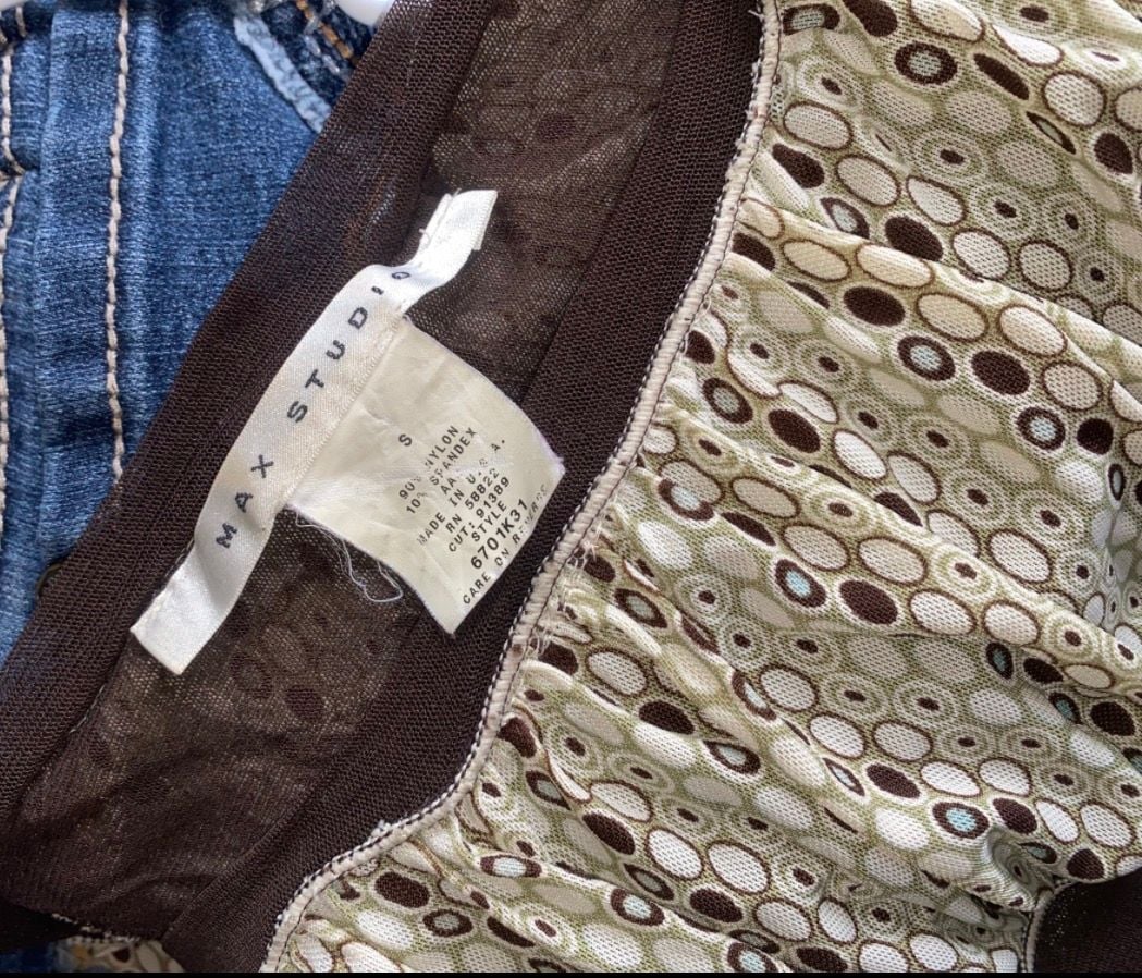 Brown And Tan Circle Print Mesh blouse With Brown Waist Band 3