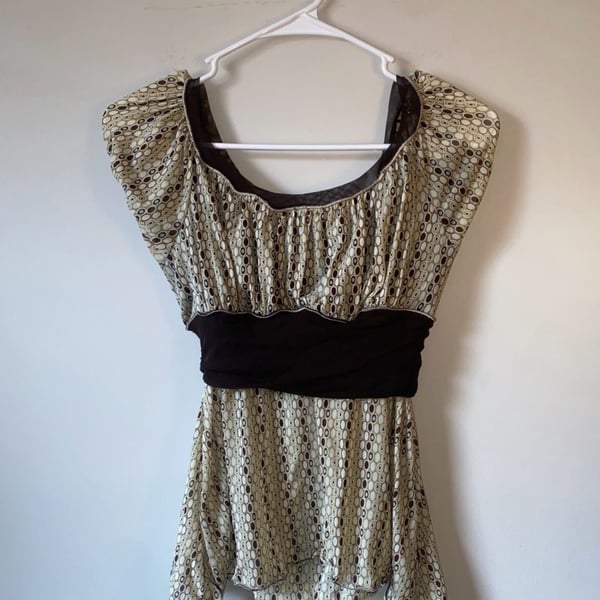 Brown And Tan Circle Print Mesh blouse With Brown Waist Band