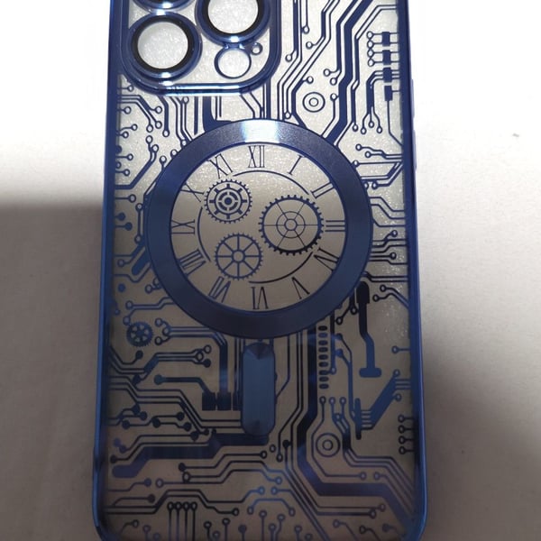 Blue Cyberpunk Mechanical Clock Circuit Board MagSafe Case for iPhone 14 Pro Max