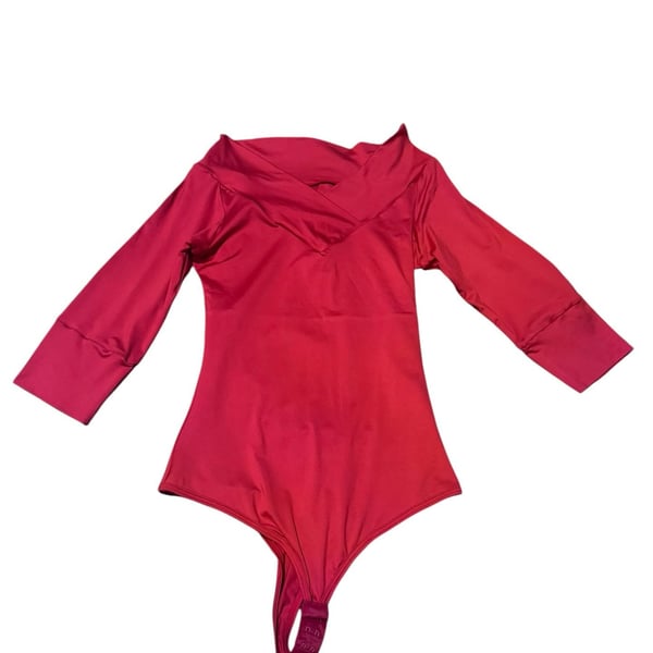 Red Off-the-Shoulder V-Neck Long Sleeve Bodysuit