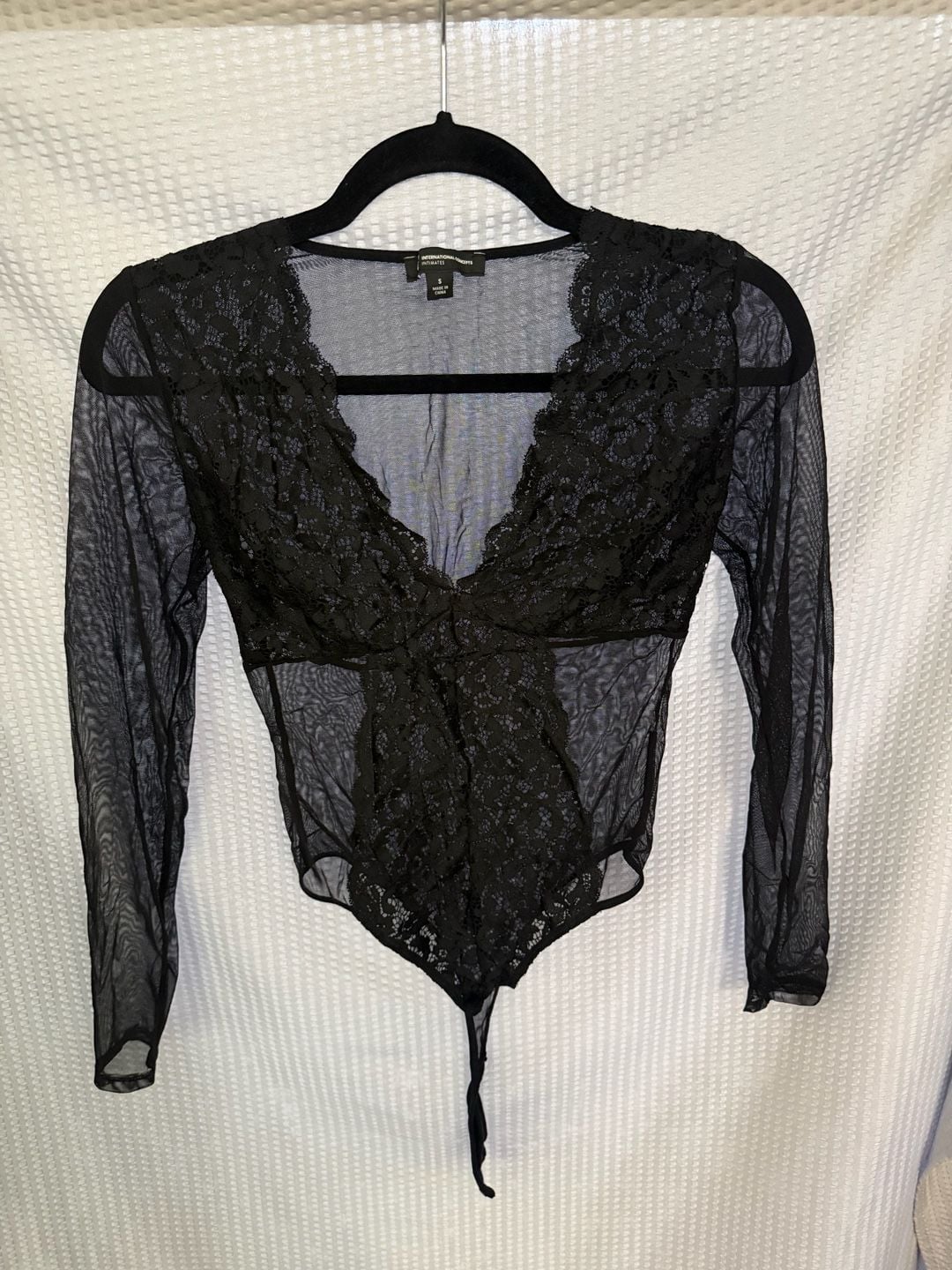 INC International Concepts Intimates Black Lace Mesh Long Sleeve Bodysuit Size S 1