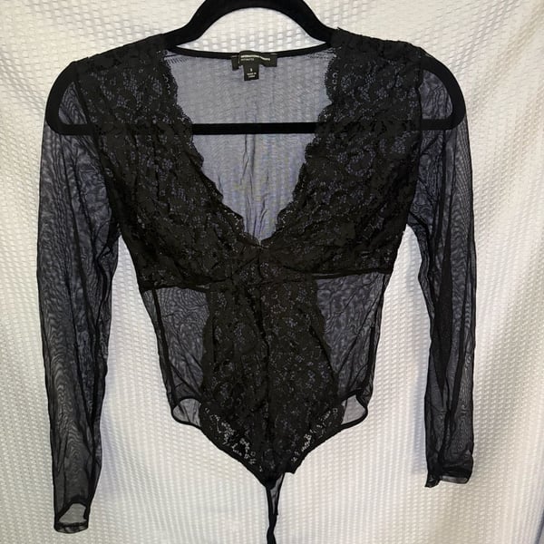 INC International Concepts Intimates Black Lace Mesh Long Sleeve Bodysuit Size S