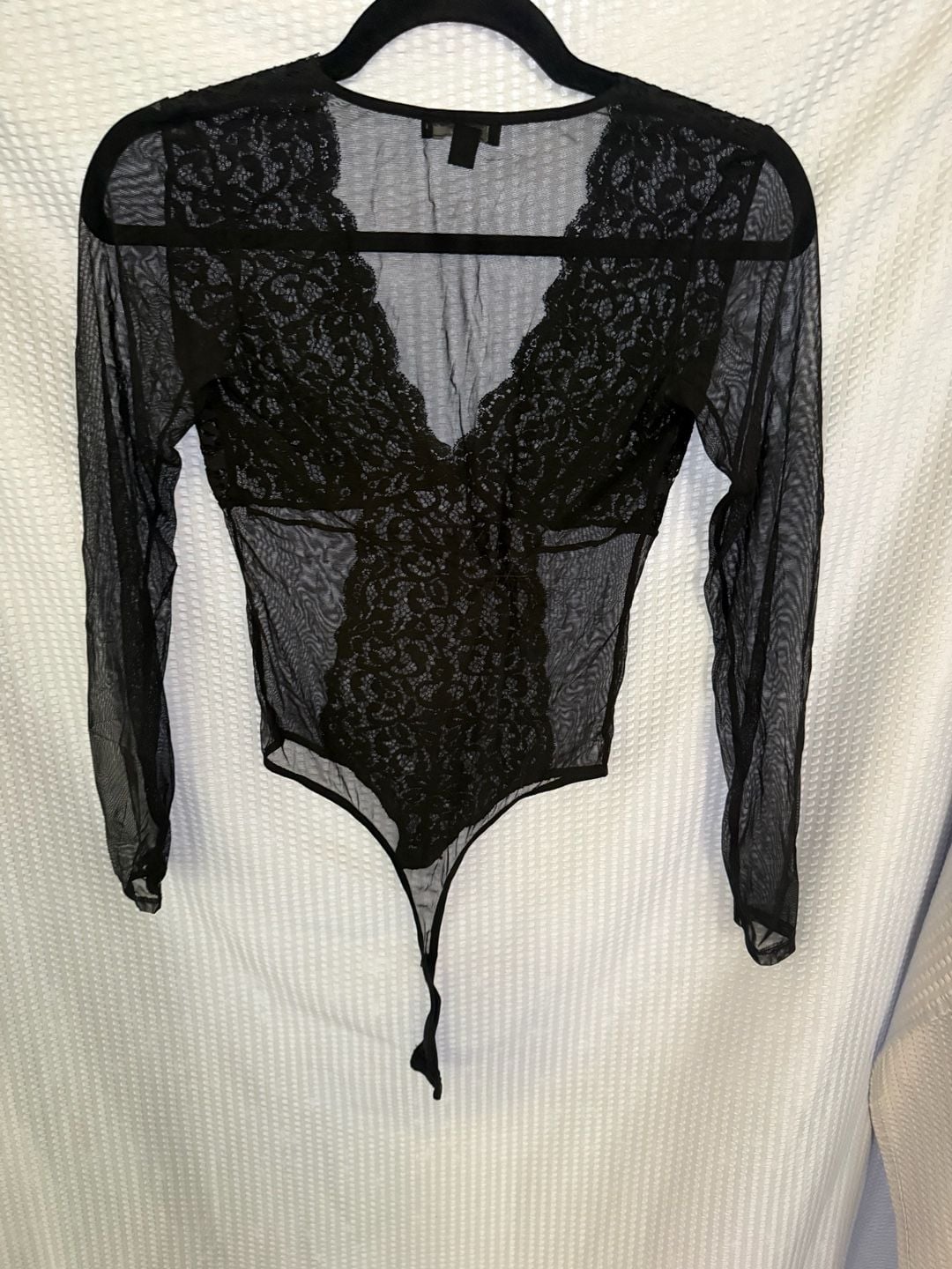 INC International Concepts Intimates Black Lace Mesh Long Sleeve Bodysuit Size S 2