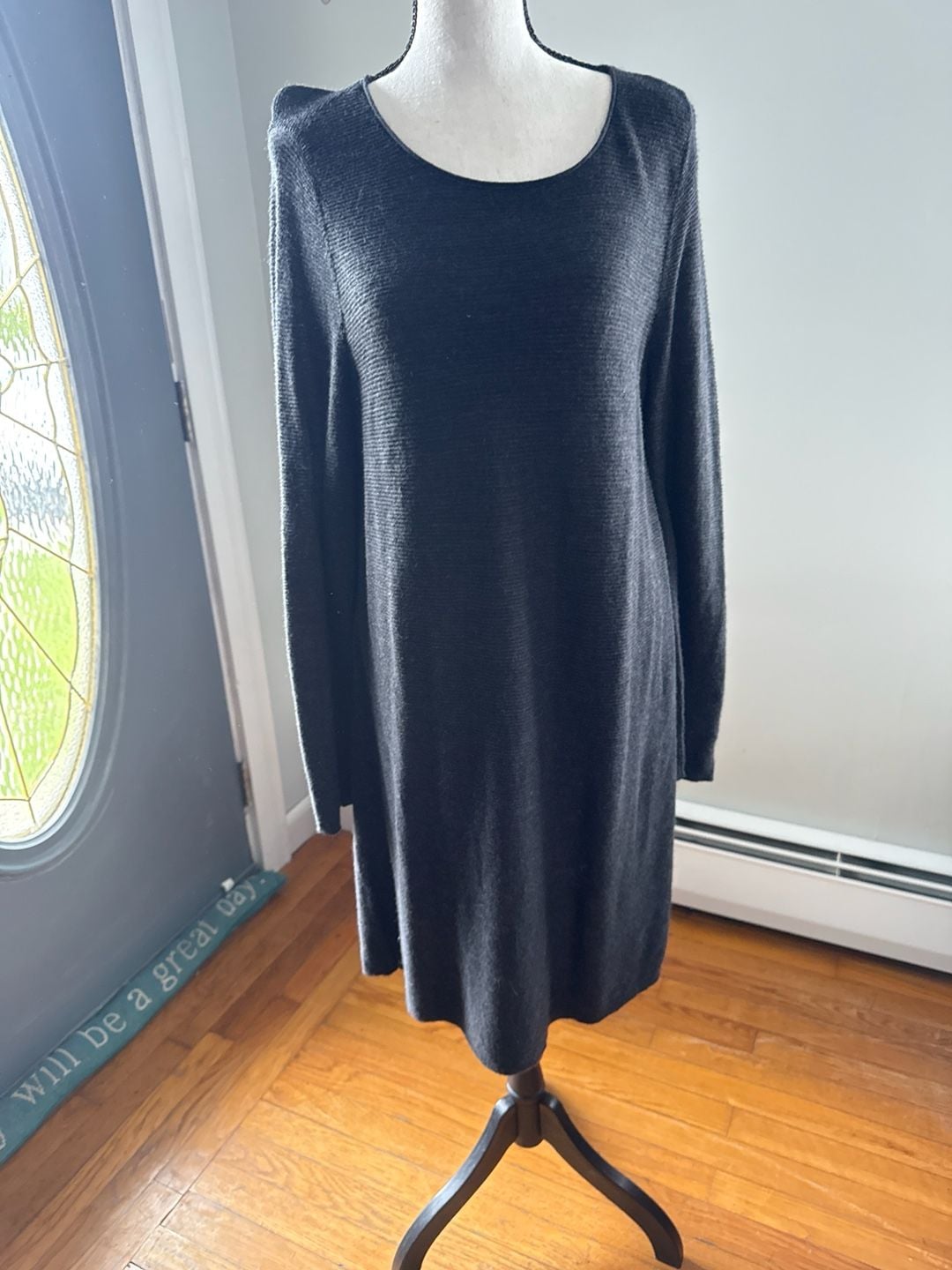 Eileen Fisher Petite Large Charcoal Grey Long Sleeve Knit Sweater Dress PL 2