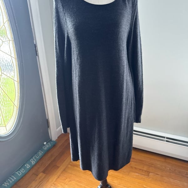 Eileen Fisher Petite Large Charcoal Grey Long Sleeve Knit Sweater Dress PL