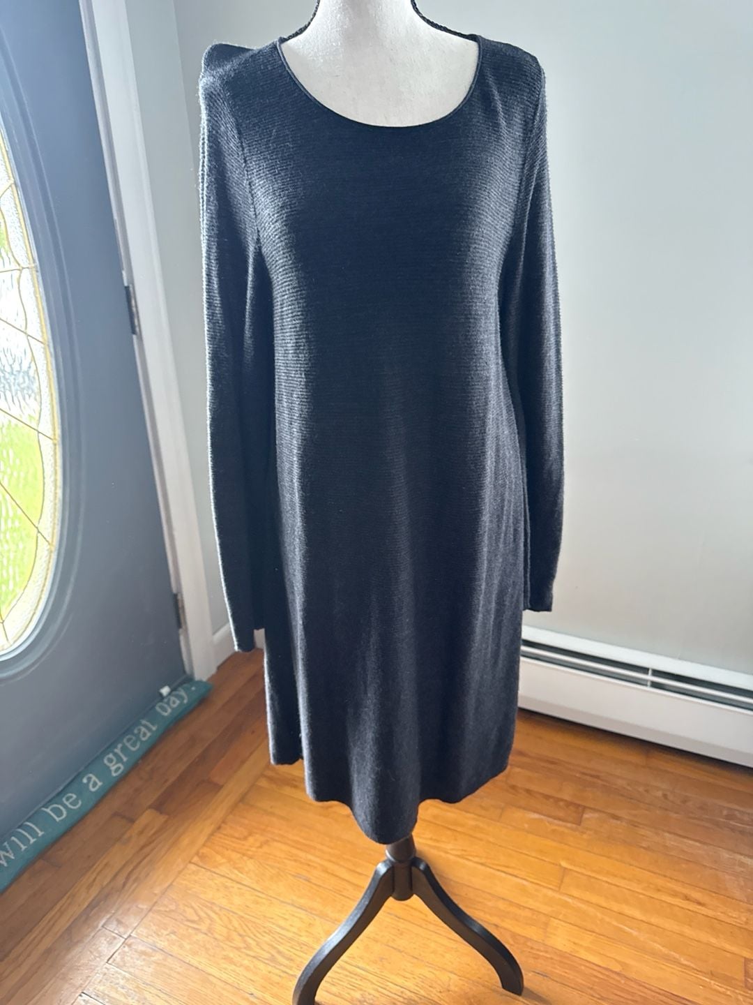 Eileen Fisher Petite Large Charcoal Grey Long Sleeve Knit Sweater Dress PL 3