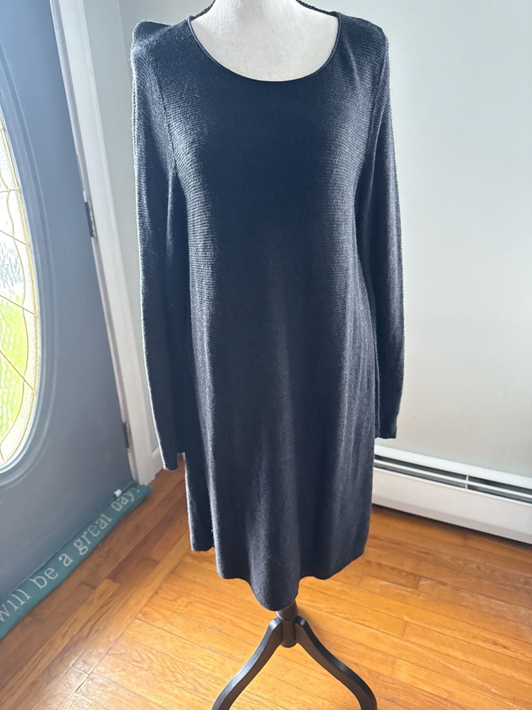 Eileen Fisher Petite Large Charcoal Grey Long Sleeve Knit Sweater Dress PL 4