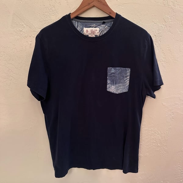 Original Penguin Navy Blue Tropical Print Pocket T-Shirt Size Large
