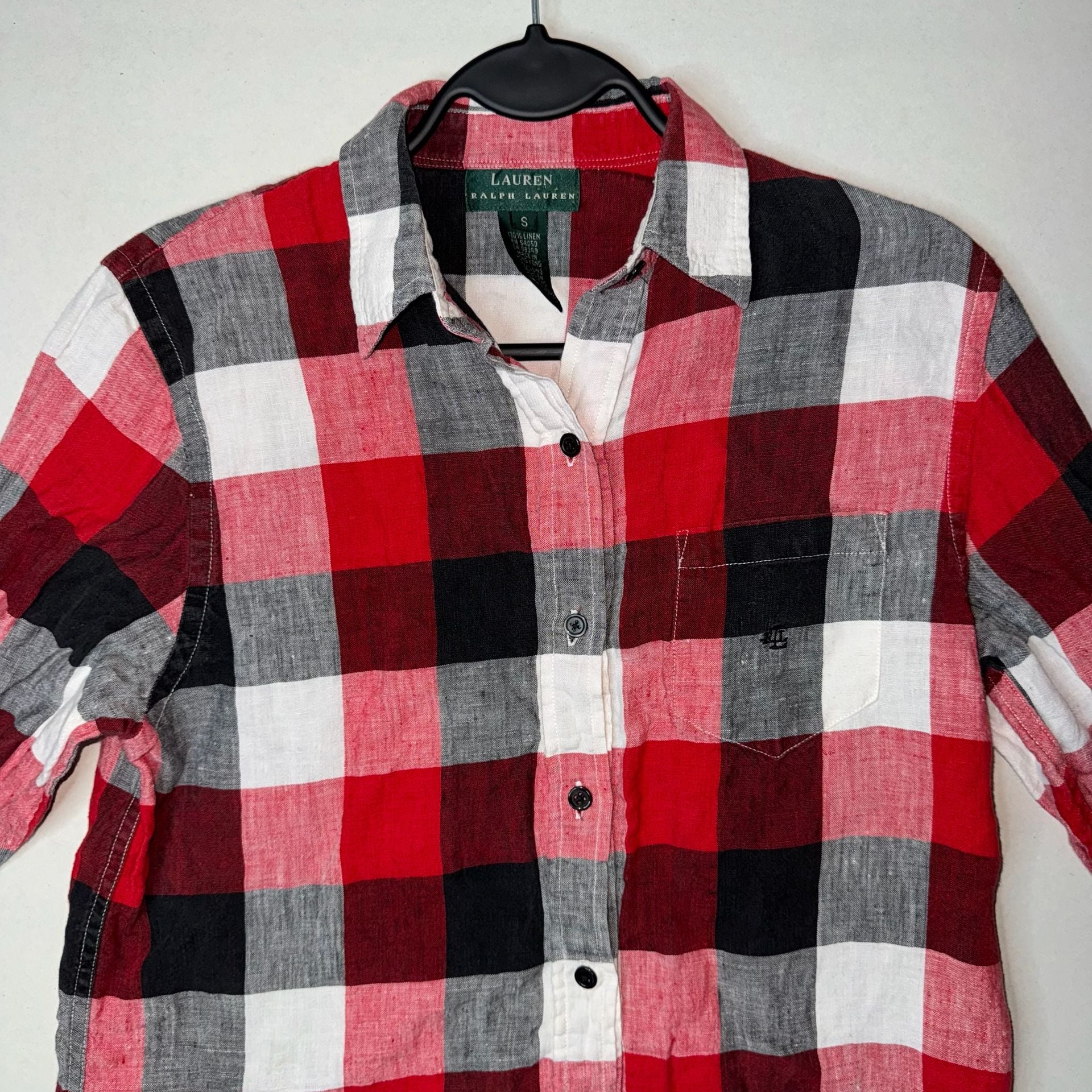 Lauren Ralph Lauren Red Black White Buffalo Plaid Linen Button Down Shirt Size S 7