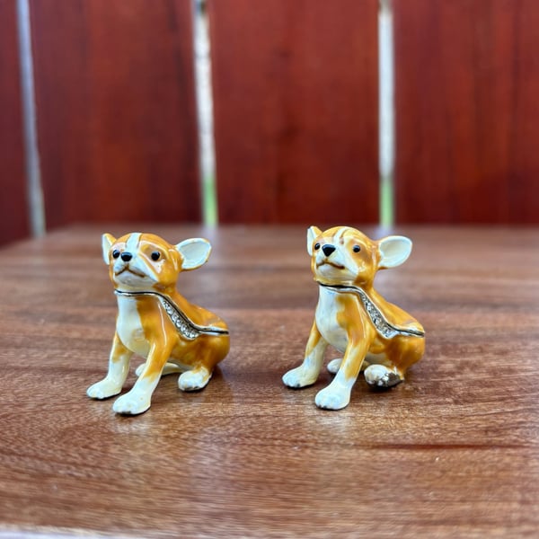 Set of 2 Bejeweled Chihuahua Enameled Trinket Boxes with Crystal Accents