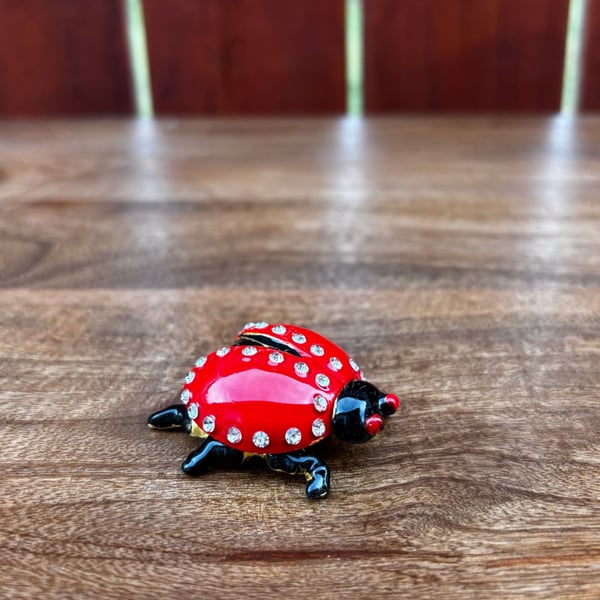 Bejeweled Red Enamel Ladybug Hinged Trinket Box with Crystals