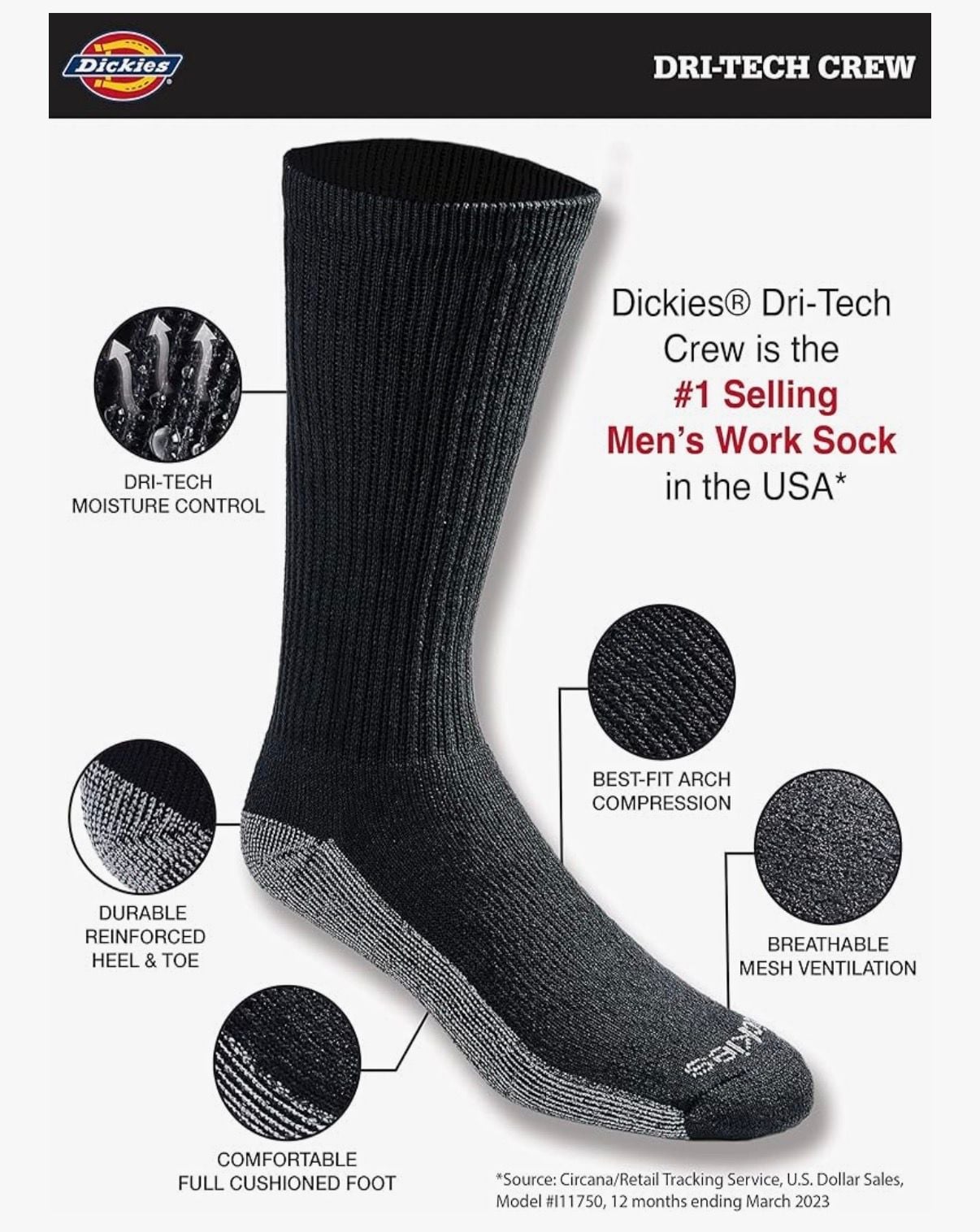 Dickies Men's Dri-Tech Moisture Control Crew Work Socks, 6-Pack, Black 2