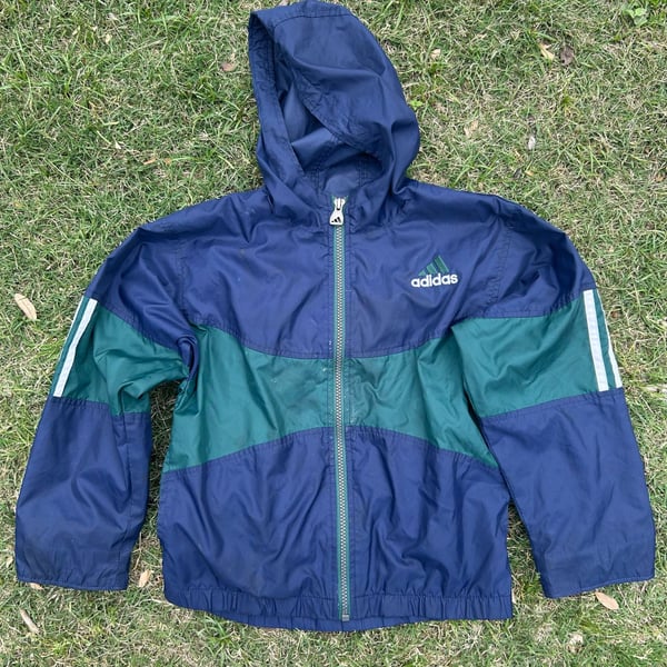 Vintage Adidas 90s Colorblock Hooded Windbreaker Jacket Navy Green Size M(5)