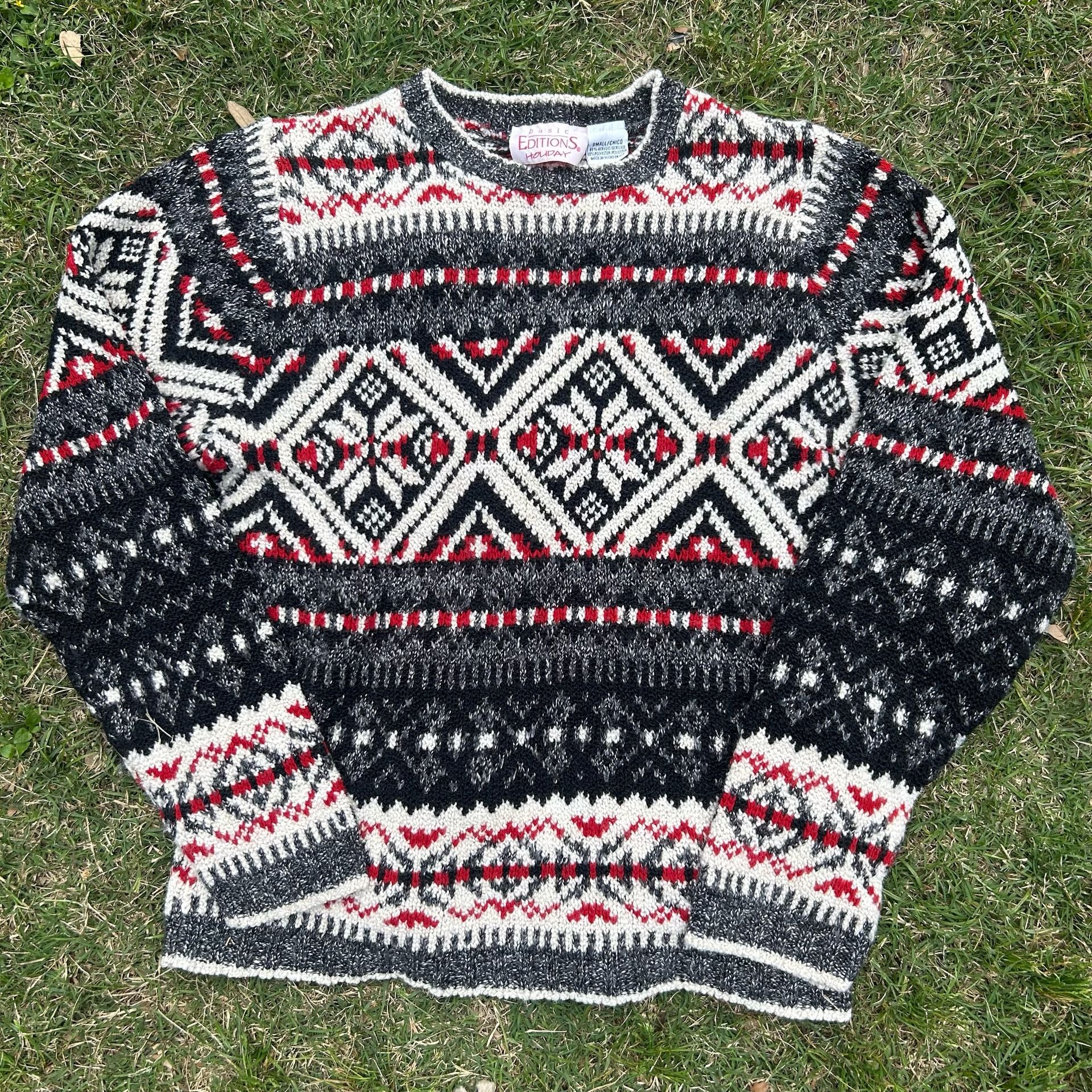 Basic Editions Holiday Vintage Fair Isle Snowflake Knit Sweater Small 1