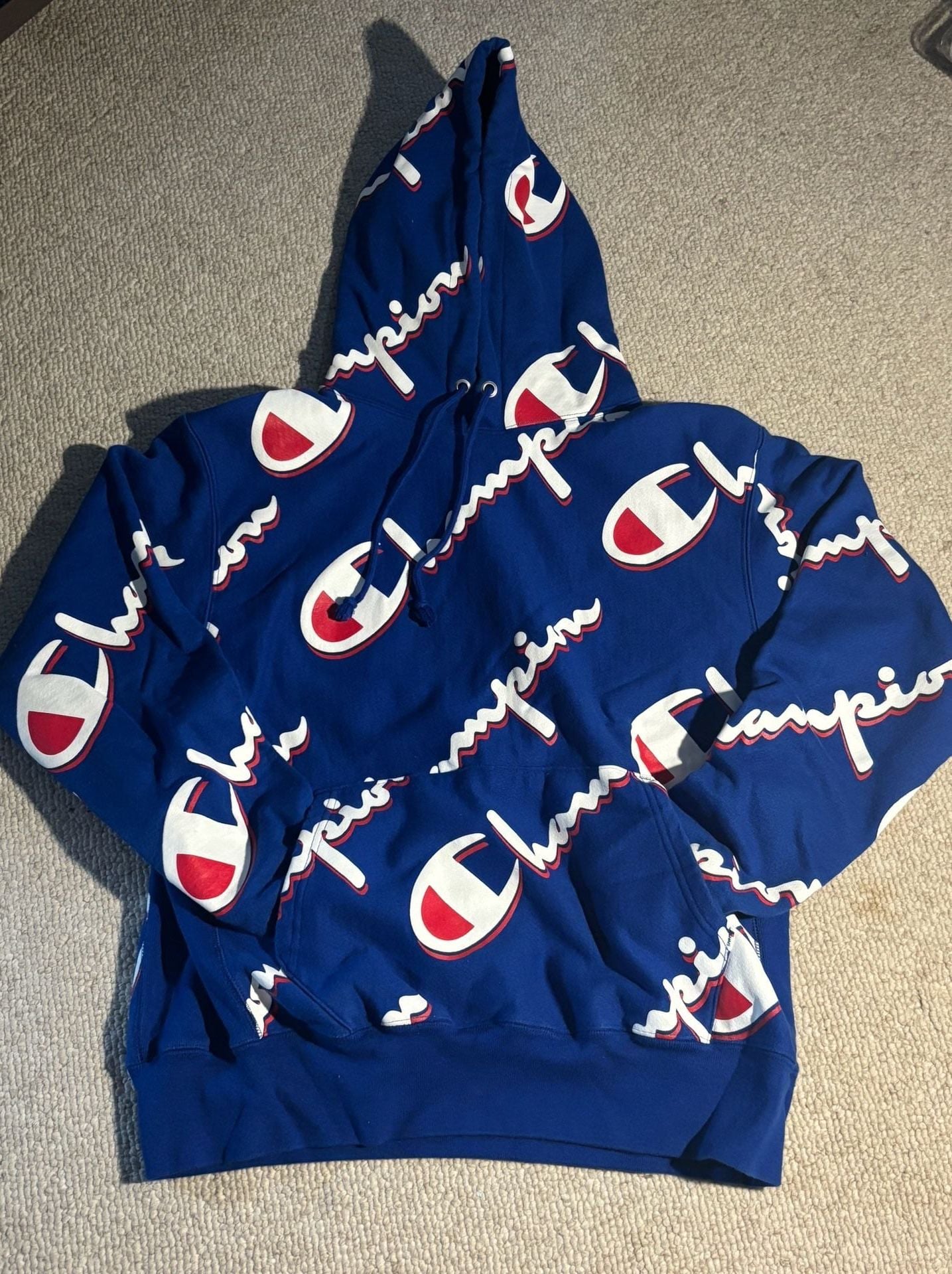 Vintage Champion Reverse Weave All Over Script Logo Hoodie Blue Men’s Large 2