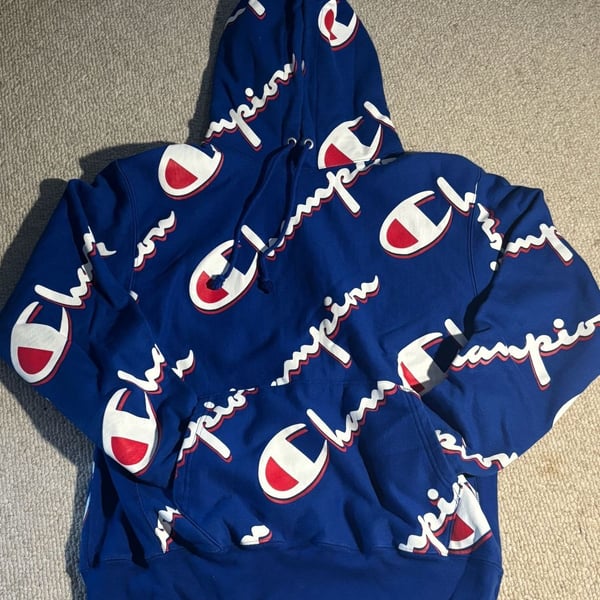 Vintage Champion Reverse Weave All Over Script Logo Hoodie Blue Men’s Large