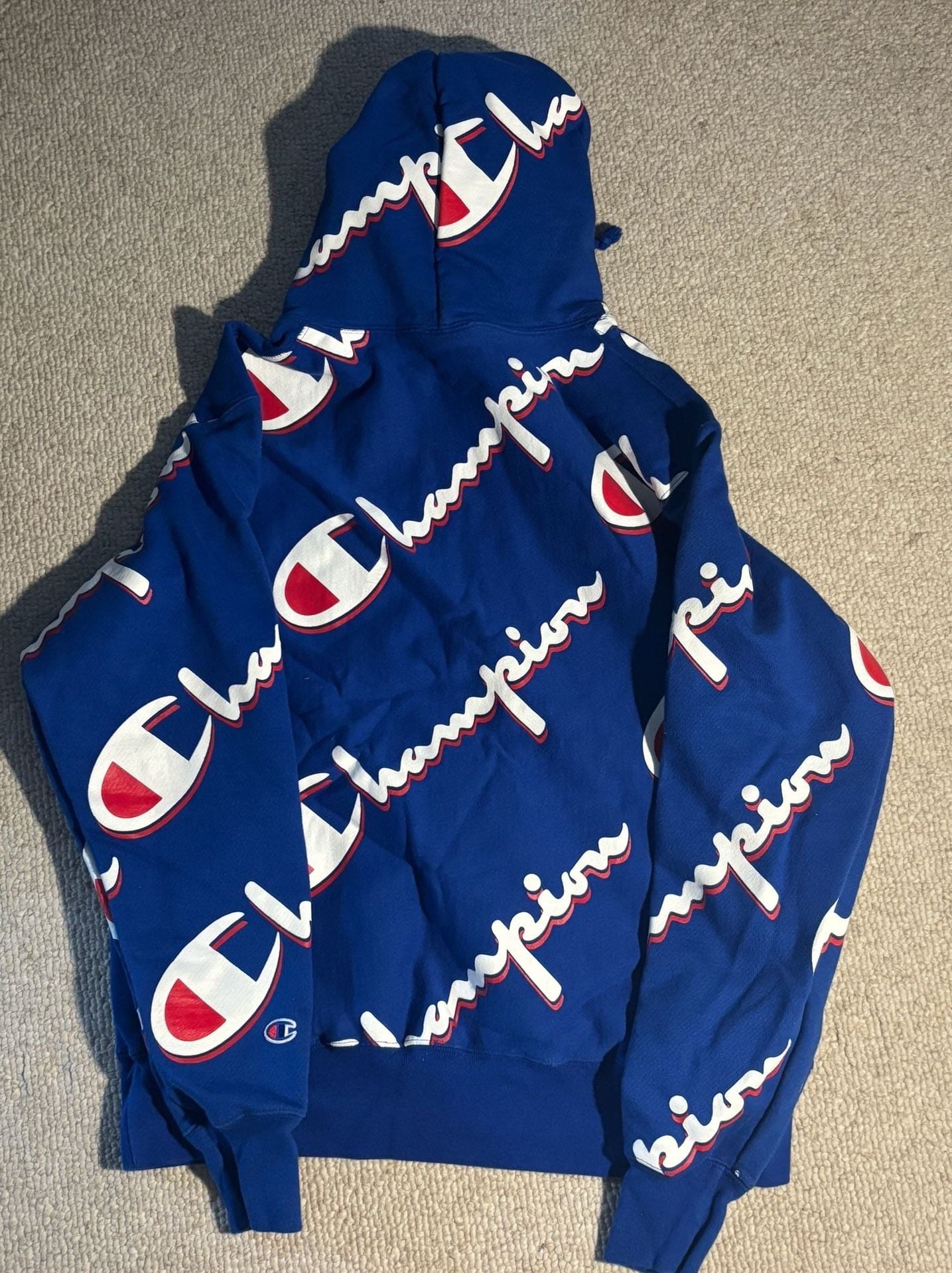Vintage Champion Reverse Weave All Over Script Logo Hoodie Blue Men’s Large 3