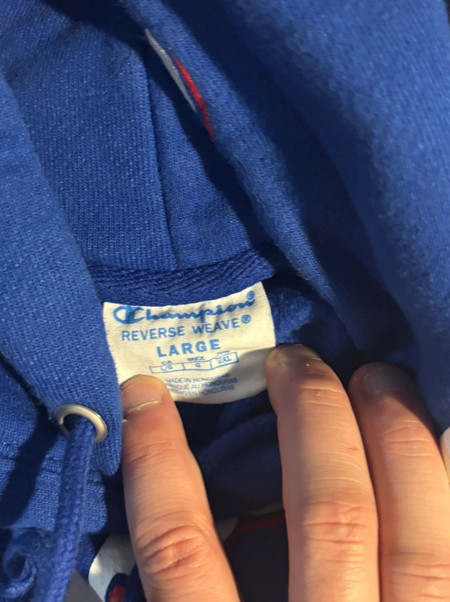 Vintage Champion Reverse Weave All Over Script Logo Hoodie Blue Men’s Large 4