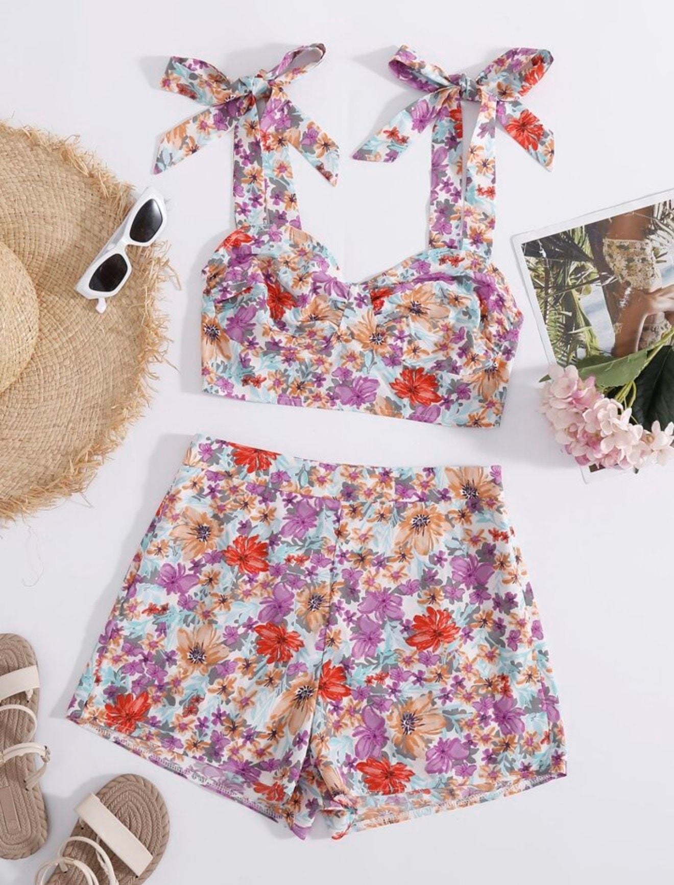 SHEIN Floral Print Tie Shoulder Crop Top and Shorts Set Size S 1